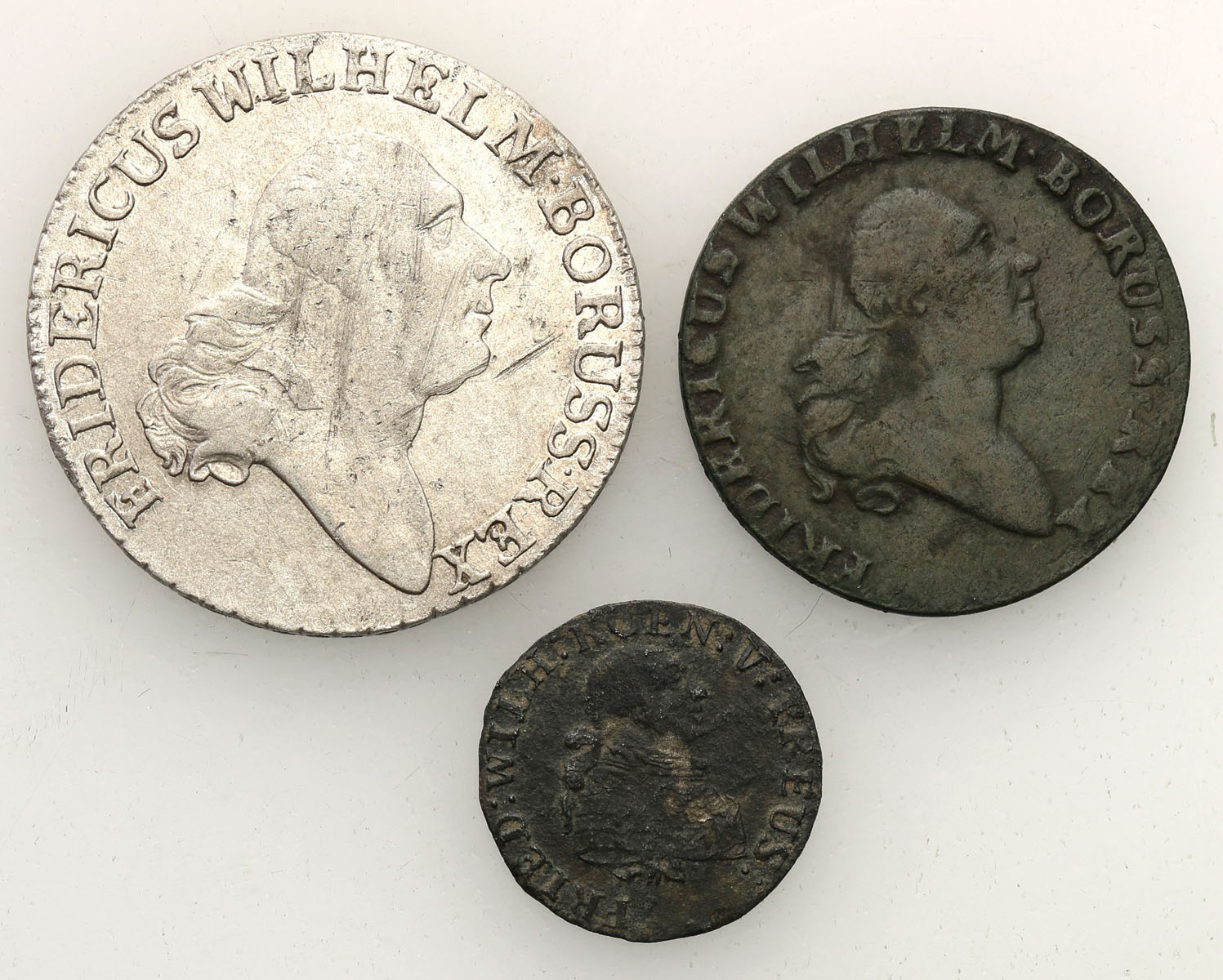 Niemcy, Prusy. Fryderyk Wilhelm II. Grosz 1797 B, 4 grosze 1797 A, Krajcar 1795 E, zestaw 3 monet
